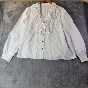 POL White Ruffle Front‎ Button Up Blouse Womens M Cottagecore Romantic Vintage